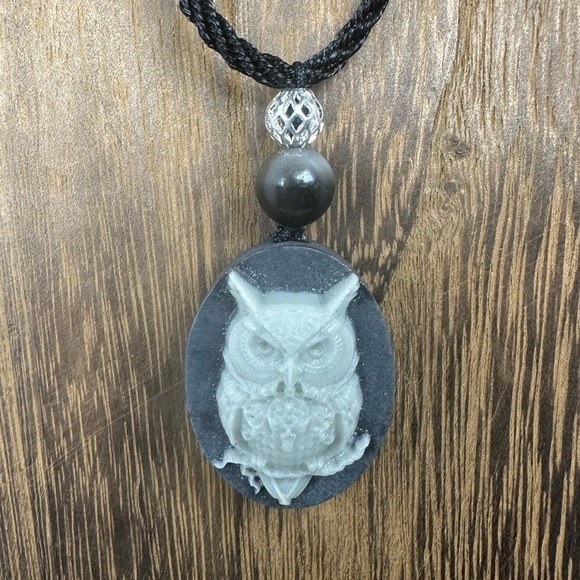 Jewelry - Tai Chi Stone Owl Pendant Necklace on Black Adjustable Rope